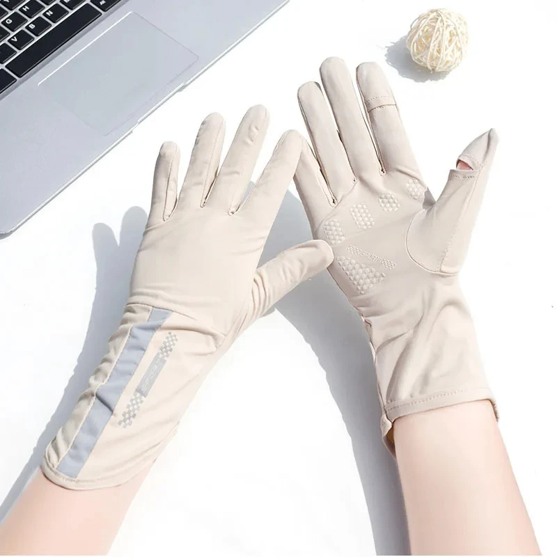 Sunscreen Gloves Women Summer Sunscreen Gloves Thin Ice Silk Anti-ultraviolet Dew Finger Touch Screen Driving Riding Non-slip Breathable UPF 50