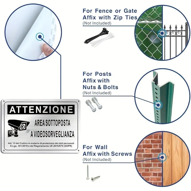 Italian Security Sign 20X30cm – Aluminum Video Surveillance Area Banner, Black & White Alert with Police Camera Ill - 3