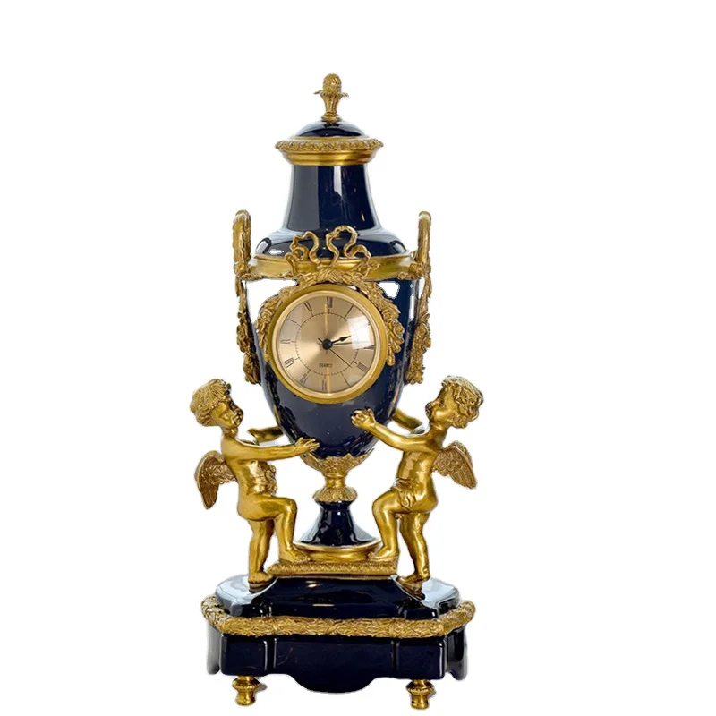 

White/Red/Blue/Black Ceramic and Golden Copper Antique French Clock Metal and Porcelain Classical Decors Saint Remy Cherub Clock