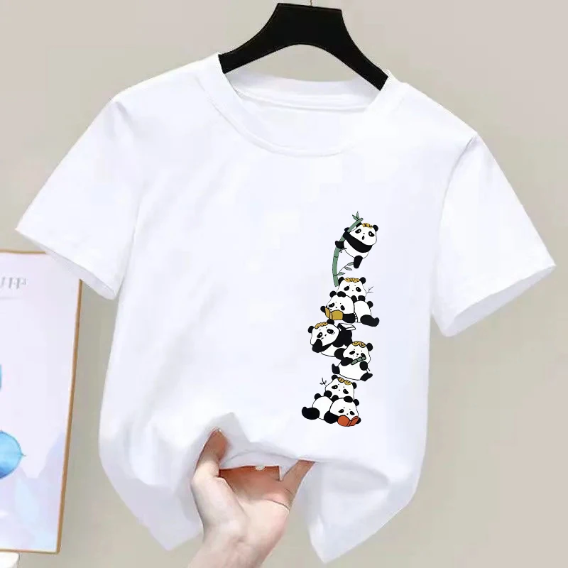 Adorable Panda Print Girls' Short Sleeve Cotton T-Shirt