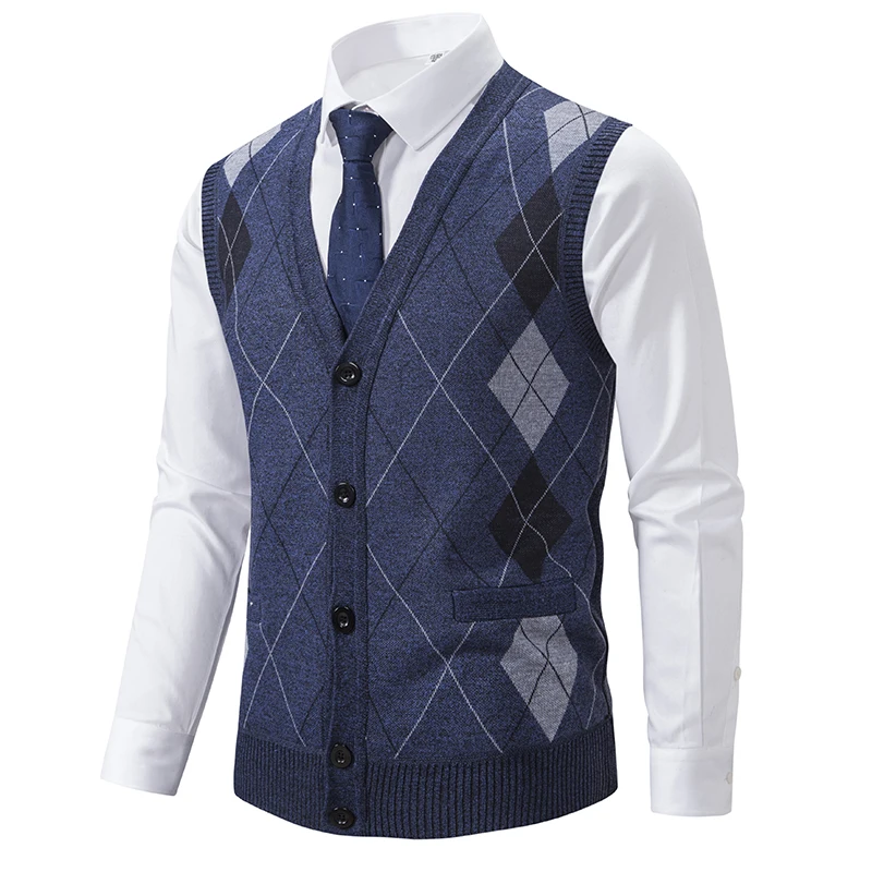 Men Sweater Vests Spring Autumn Sleeveless Fleece Warm Knitted Checkered Business Casual Button Up Coat
