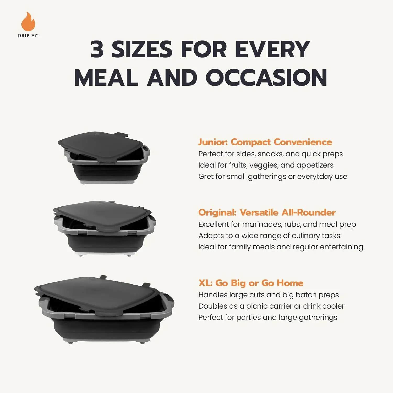 Drip EZ Collapsible BBQ Prep Tubs 3-Piece Set (V2)-For Meal Prep Marinating Food Storage-Includes Cutting Board & Lid (1)