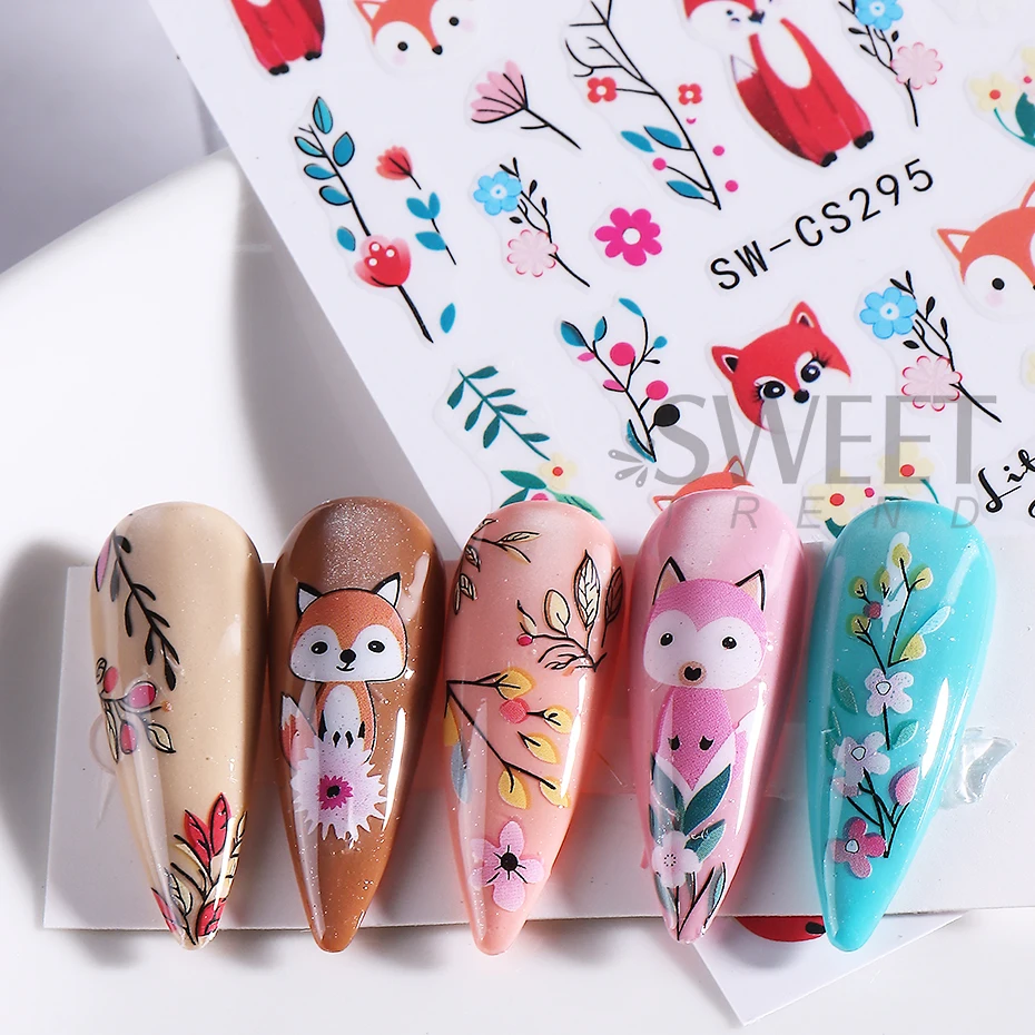 2pcs Cartoon Fox Nail Art Stickers Cute Fox Leaf Flower Nail Decals DIY Adhesive Slider Autumn Design Charms Manicure Decoration