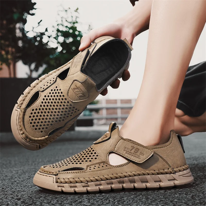 Fashion Mens Slip on Sandals Non-Slip Men's Walking Shoes MenLeather Hollow Out Casual Shoes Handmade for Men Luxury Sandals