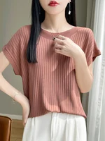 2026 Fashion Slash Neck Women Sweater Ice Silk Spring Summer Knitted Sweater Loose Casual Korean Shirts Short Sleeve Knitwears - Image 2