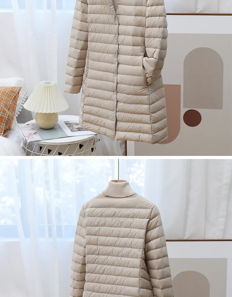 Women Lightweight Duck Down Jacket Long Round Neck Fashion Winter Coat Warm Casual Outfit Woman Clothing chaqueta plumas JK-247