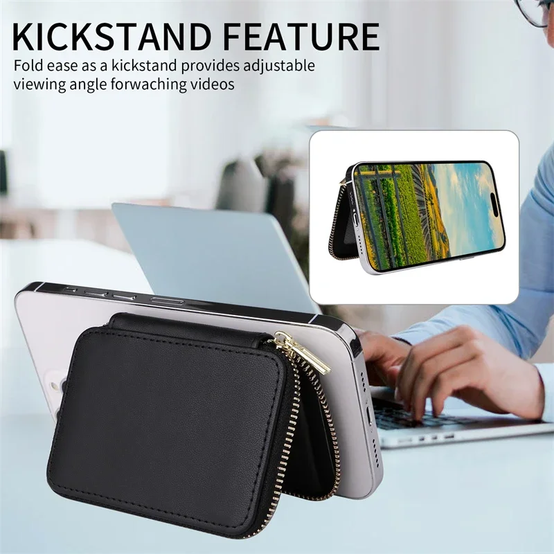 Magnetic Zipper Wallet Card Holder with Stand Cover