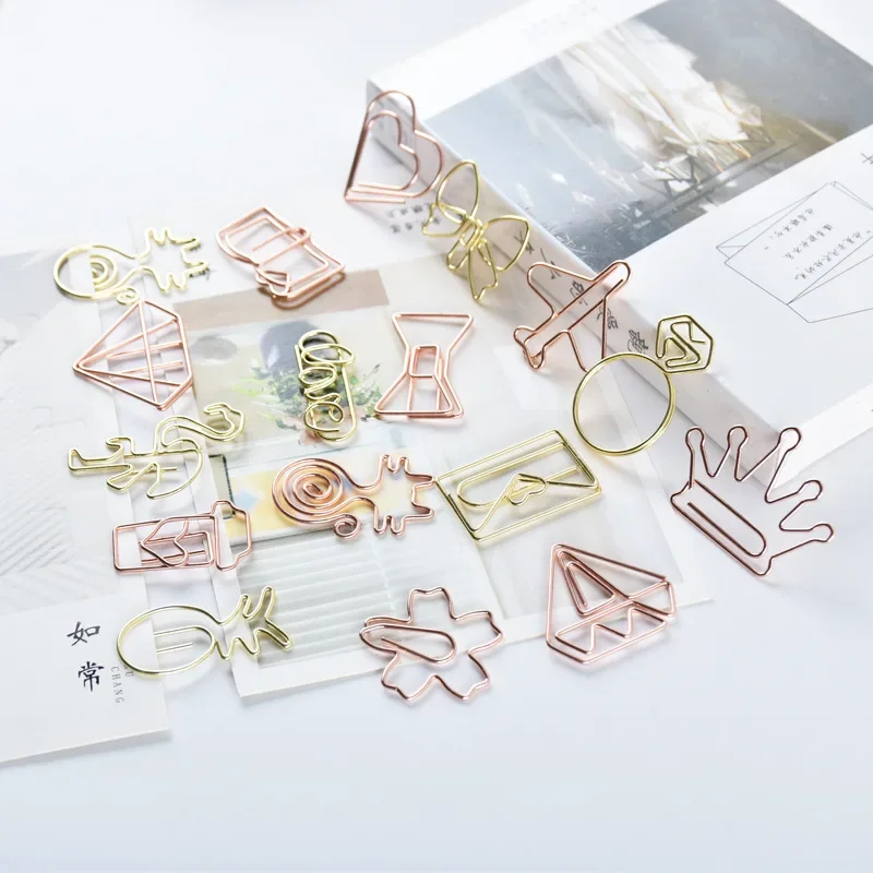 Paper Clips 10Pcs/Lot Creative Paperclip Rose Gold Metal Paper Clip Decorative Bookmark Binder Shaped Clips Cute Stationery Office Supplies book clips mini bookmark