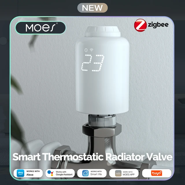 วาล์วควบคุมอุณหภูมิหม้อน้ำ Moes Tuya ZigBee3.0 สมาร์ทเทอร์โมสตัท พร้อมเซ็นเซอร์ภายนอก TRV ควบคุมด้วยเสียงผ่าน Alexa 1