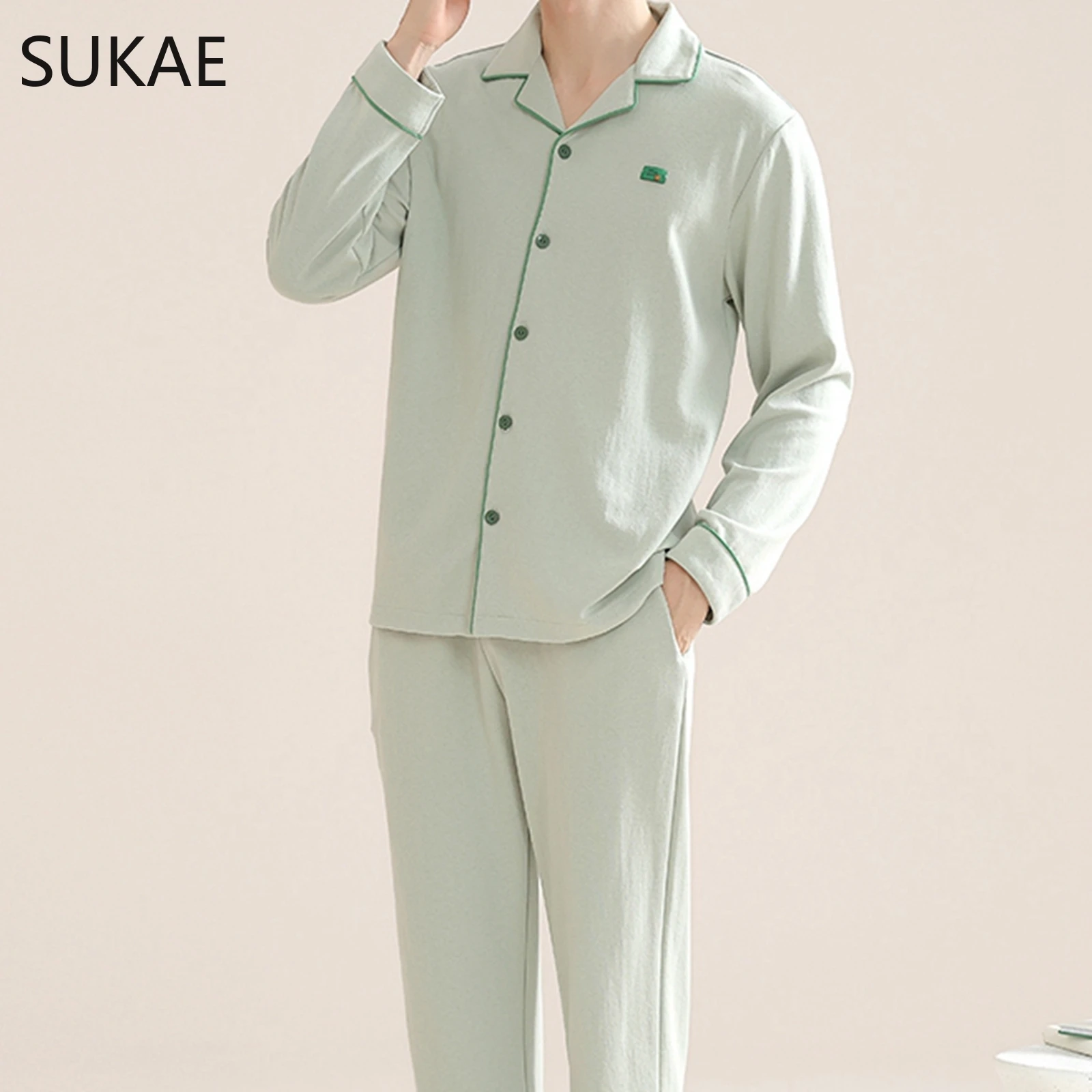 Couple Pyjamas Pure Cotton Homewear Solid Color Collared Lapel Cardigan Long Bottoms Sleepwear Men and Women's Pajamas Set