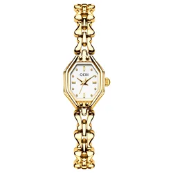 GEDI Elegant Retro Metal Bracelet Women's Luxury Quartz Wristwatch (Gold white)