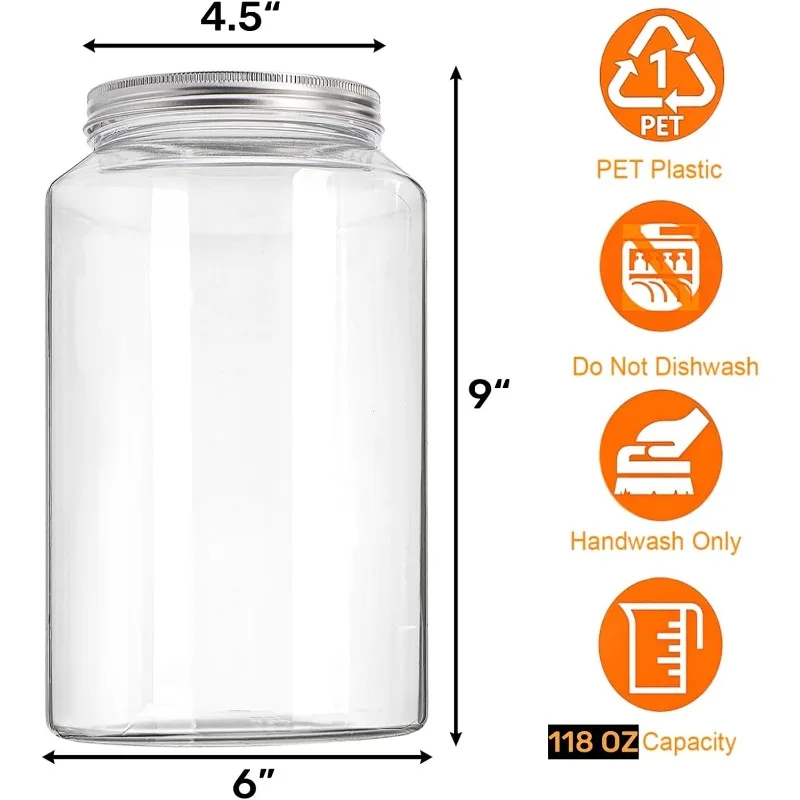 1-Pack 1 Gallon Clear Plastic Jars - BPA Free Airtight Food Storage for Dry Goods, Pickling & Fermenting, Wide Mouth Lid (118oz)