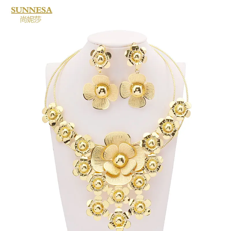 

SUNNESA 18K Позолоченные Роскошные дубайские бриллианты большой цветочный дизайн Африканское ожерелье серьги Свадебные украшения для невесты