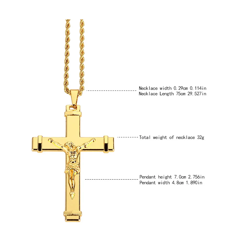 High quality 24K Gold Plated Jesus Christ Cross Pendant Hip hop Rap Golden Crucifixio Cuban Chain Necklace Men Jewelry 4