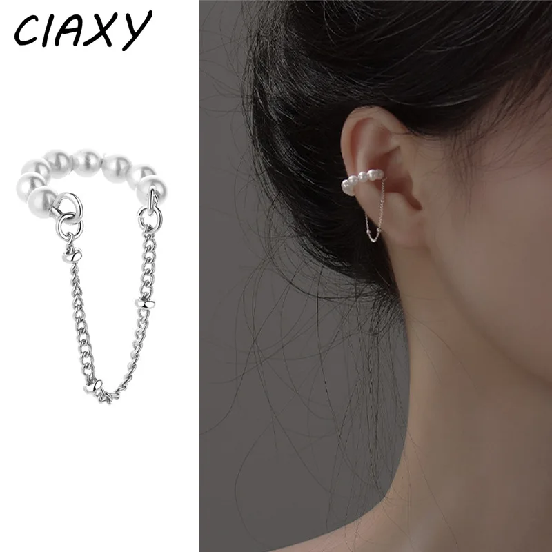 CIAXY Ladies Pearl Ear Clip Tassel Chain Earrings for Women Elegant Silver Color Earring French Jewelry Party Gifts