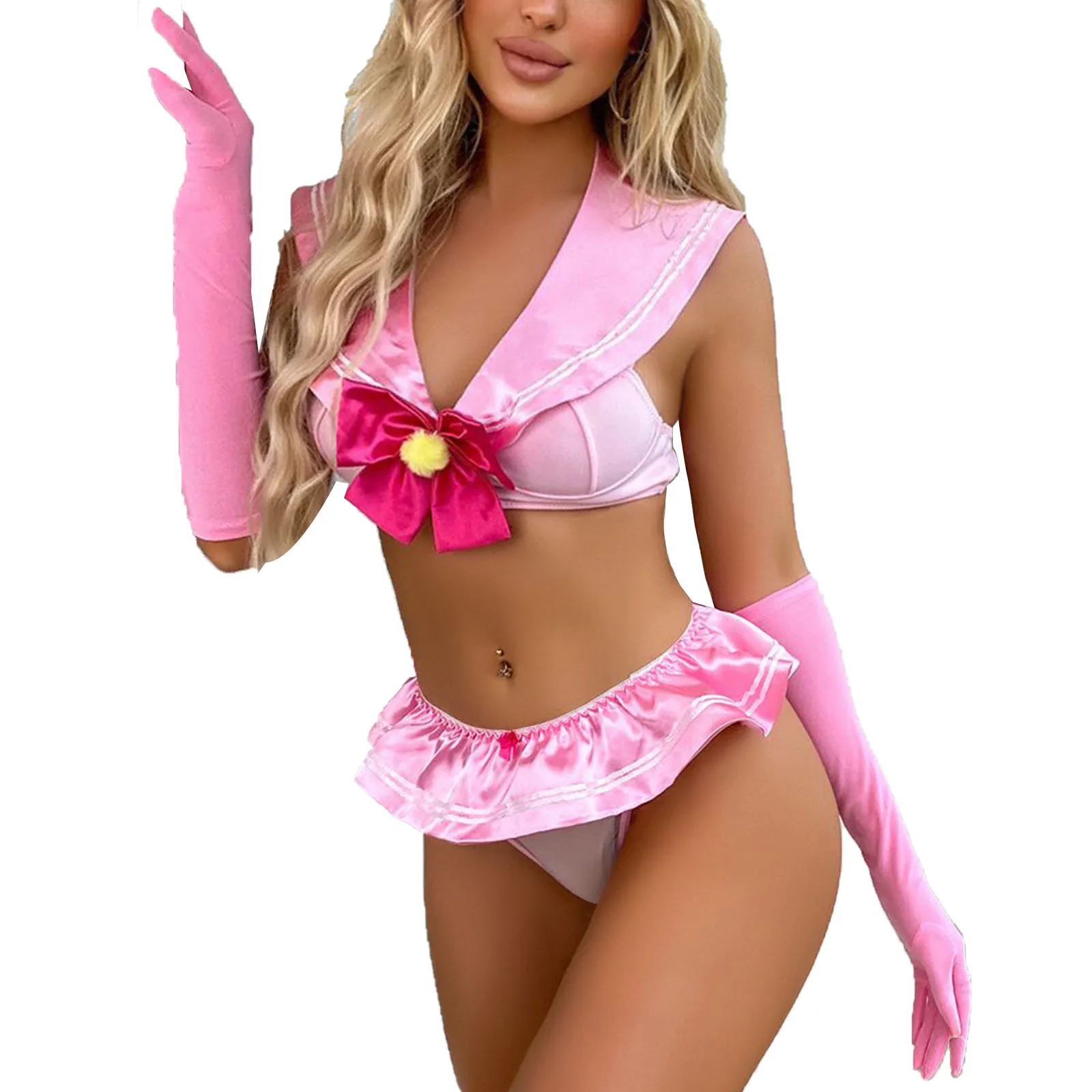 

Woman Schoolgirl Role Play Costume Anime Cosplay Outfit Lingerie Nightwear Sailor Collar Bowknot Bra Top Mini Skirt Thong Gloves