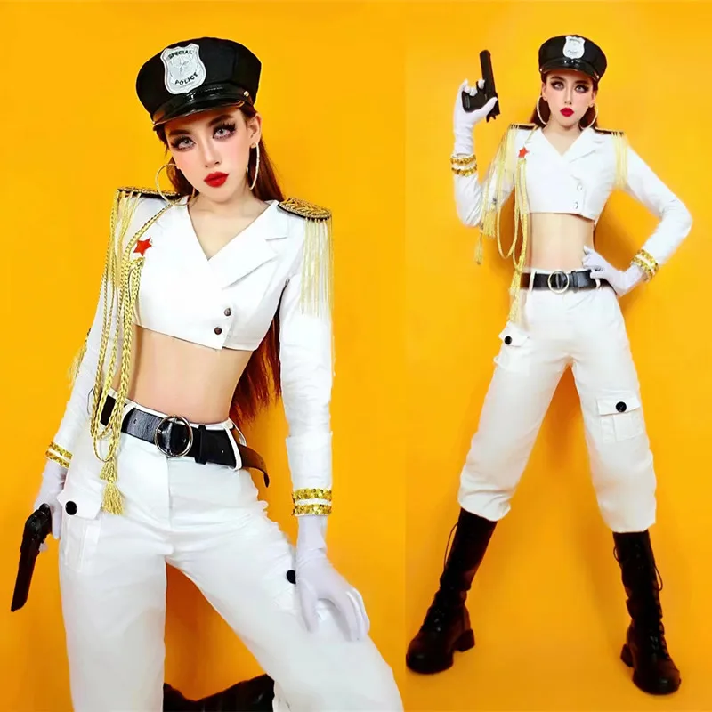 

Female Jazz Dance Team Drummer Army Uniform Stage Wear White Fringe Epaulet Short Jacket Pants Hat Hip Hop Performance Costume