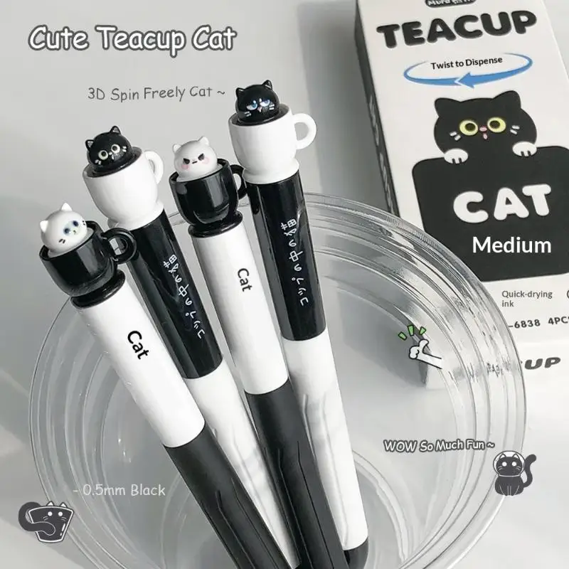 귀여운 찻잔 고양이 젤 펜 0.5mm 재미있는 동물 퀵 드라이 펜 창의적인 회전식 고양이 포켓 펜 학교 및 사무실용