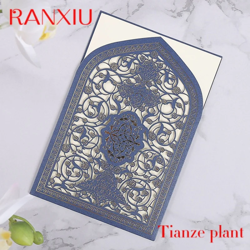 

Custom Custom Luxury Laser Cut Hollow Out Blue Decoration Wedding Muslim Mubarak Invitation Envelope Card