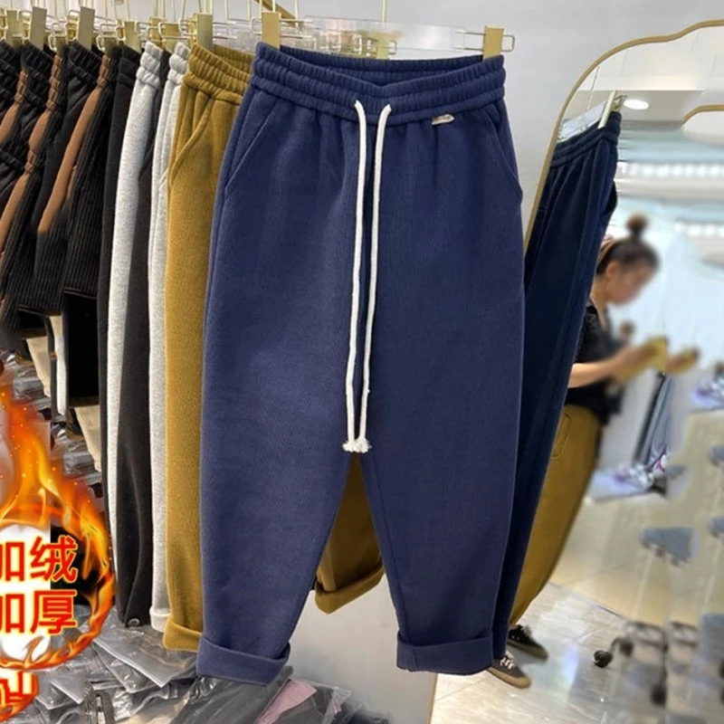 Fleece Lined Wide Leg Pants Women Autumn Winter Warm Casual Ankle-Length Pants All-Match Plus Velvet Oversized Sweatpants Loose