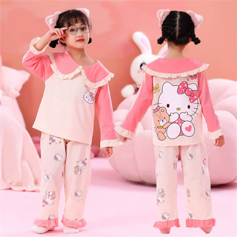 

2023 New Kawaii Sanrio Children Pajamas Cartoon Mymelody Kuromi Cinnamoroll Doll Collar Long Sleeve Cardigan Set Spring Homewear