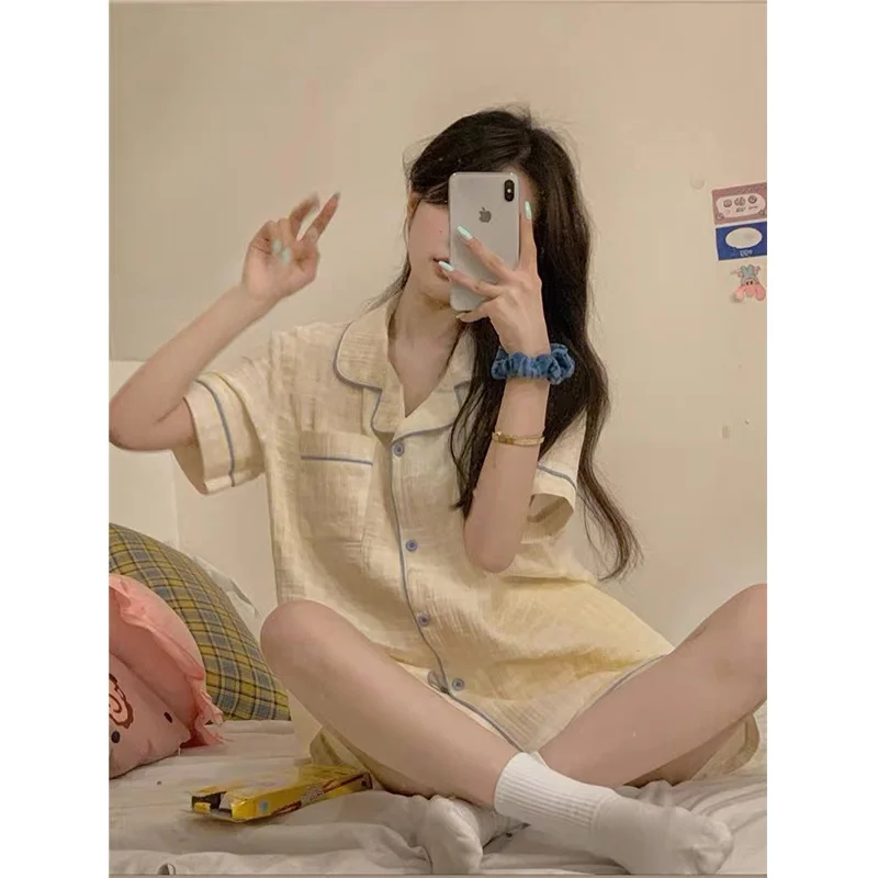 여름 여성 잠옷 반팔 순수 코튼 얇은 가정 의류 세트 귀여운 스위트 스타일은 청소년 사이즈 외부에서 착용 가능