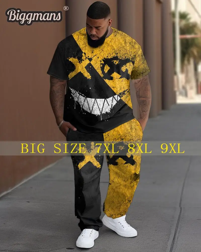 Biggmans L-9Xl T-Shirt Sets For Men's Clothing Cartoon Laugh Contrasting Color Sleeves Pants Big Plus Size Top Suit 8Xl