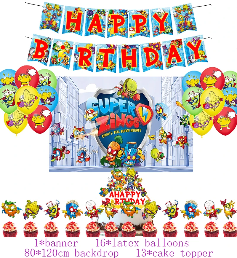 Description Picture 3 of itemNew Superthings Birthday Party Decoration Tableware Supplies Set Banner Cake Topper Balloon Backdrop for Kids Party Decoration