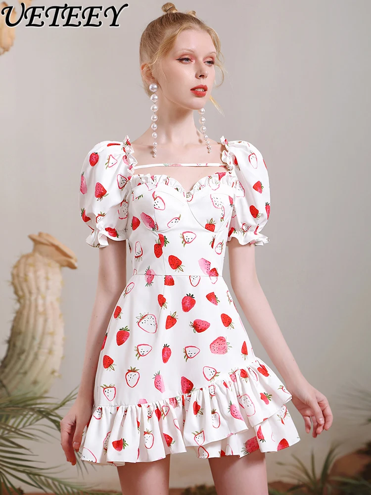 

Designer Model French Strawberry Print Puff Short Sleeve Dress Women Girlish Style 2024 Summer Sweet Lotus Leaf Pleated Dress