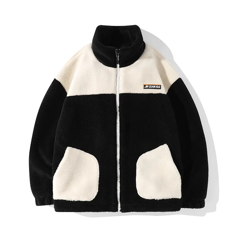

Winter Jacket Men Streetwear Korean Version Contrasting Colors Logo Stand Collar Panda Pattern Thicken Keep Warm Sherpa Coat
