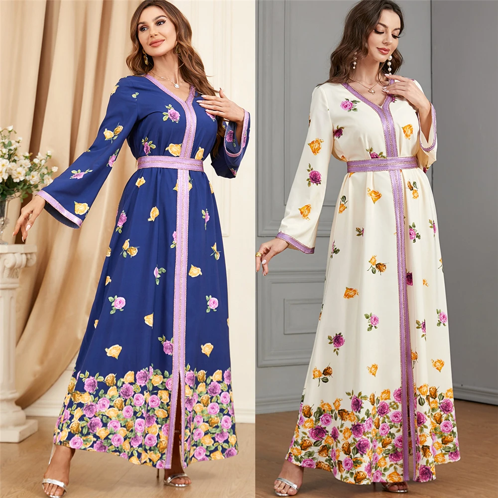 

Floral Printed Arabic Dress for Women Muslim Moroccan Kaftan Dubai Saudi Jalabiya Party Evening Abaya Ramadan Eid Muslim Robe