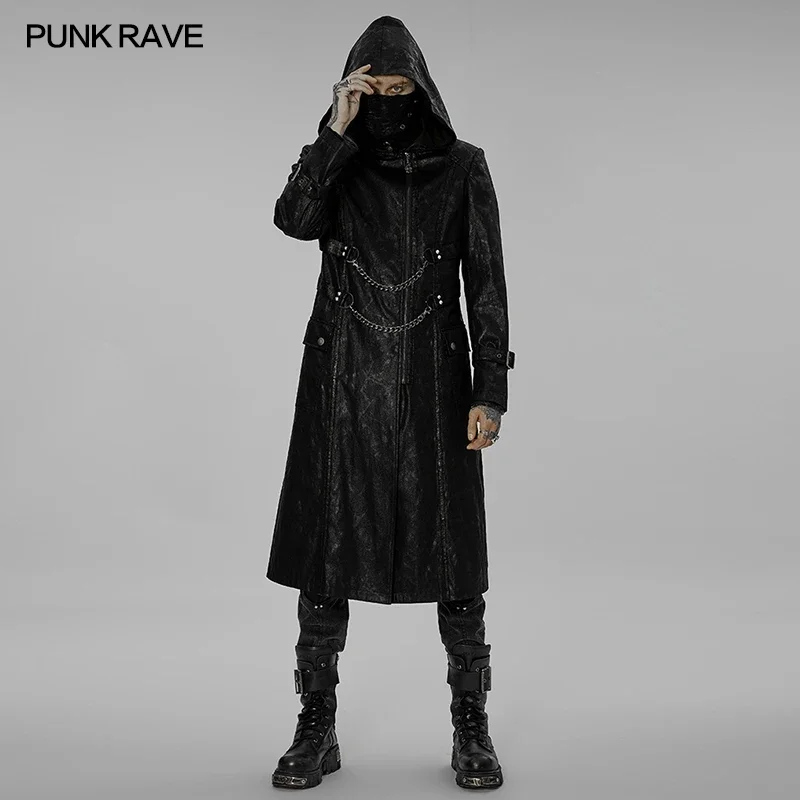 

PUNK RAVE Men's Punk Hooded Stand Collar Printing Coat Metal Chains Lobster Buttons Personality Long Jacket Autumn/Winter