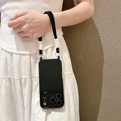 Luxury TPU Crossbody Lanyard Phone Case with Handheld Short Rope Soft Cover - iPhone 15 (BK)