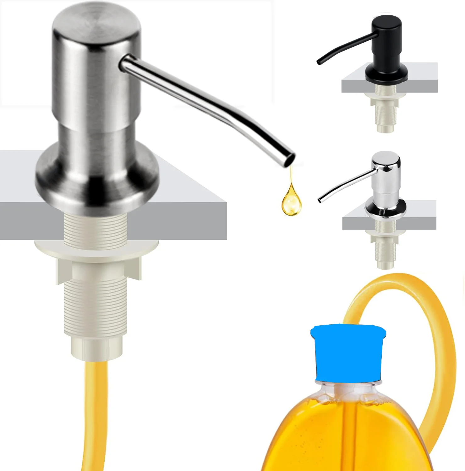 Soap Dispenser for Kitchen Sink Chrome with Extension Tube, Countertop Built in Kitchen Sink Soap Dispenser Pump, Stainless Stee