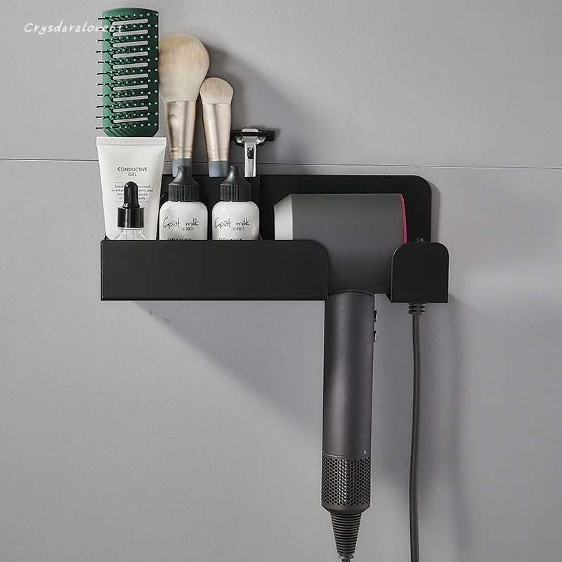 

Stainless Steel Wall Mounting Free Punching Storage Rack Shelf Black Hairdresser Hair Dryer Bracket Hair Drum Plus Hanger