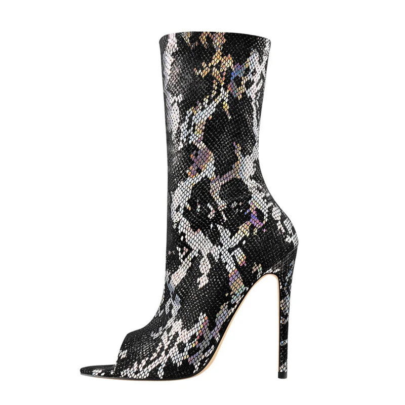 

Big Size 45 Summer Peep Toe High Heel Short Boots Snake Prints Ankle Booty Women Stiletto Thin Heels Shoes