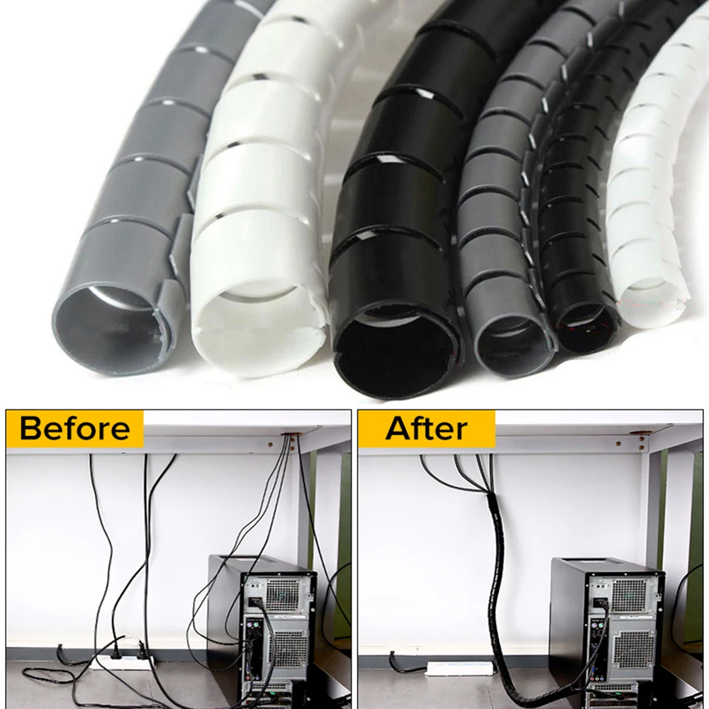 1.5/2M 16/10mm Flexible Spiral Cable Wire Protector Cable Organizer  Computer Cord Protective Tube Clip Organizer Management Tool