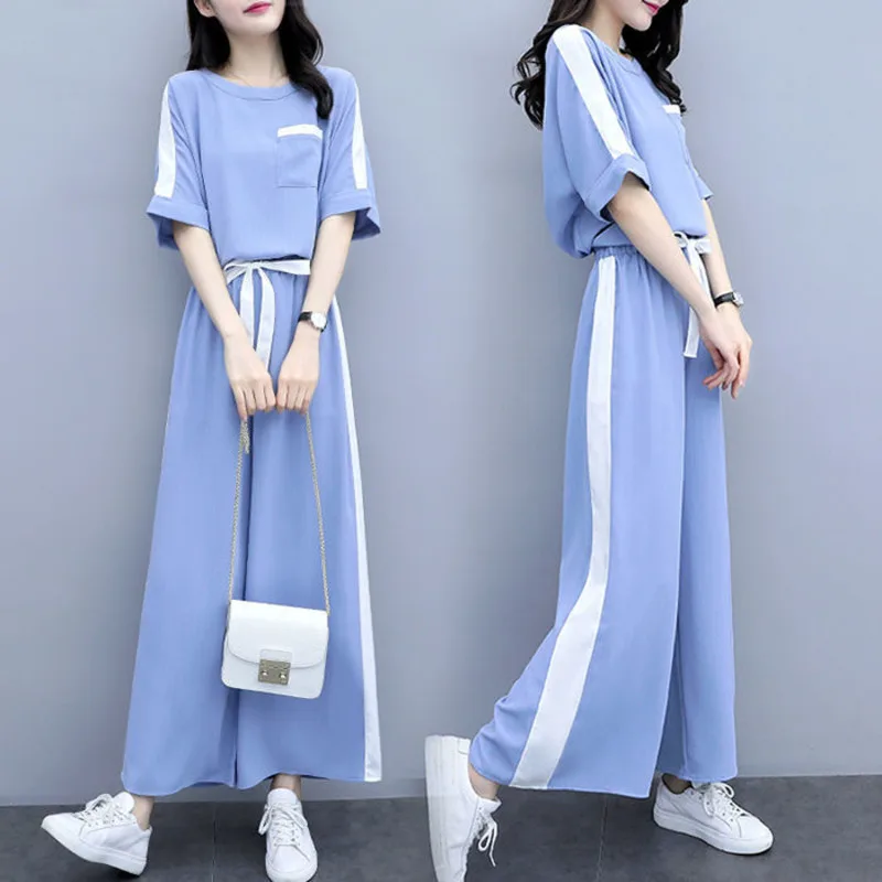 2PCS/set Plus Size Women Fashion Casual Set Wear Korean Style Summer Casual  Outfit Clothing Short Sleeve T Shirt + Wide Leg Pants