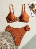 Sexy Pleate High Waist Bikini Set 2025 Women Orange Metal Buckle Push Up Two Piece Swimsuit Beach Bathing Suit Holiday Swimwear