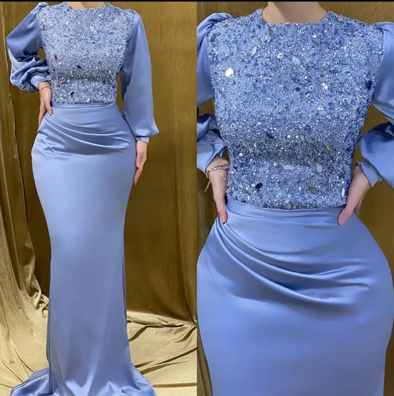 Moslim Grey Mermaid Avond Jurken 2025 Luxe Kralen Elegante Overrok Satijn Voor Vrouwen Party LA71543