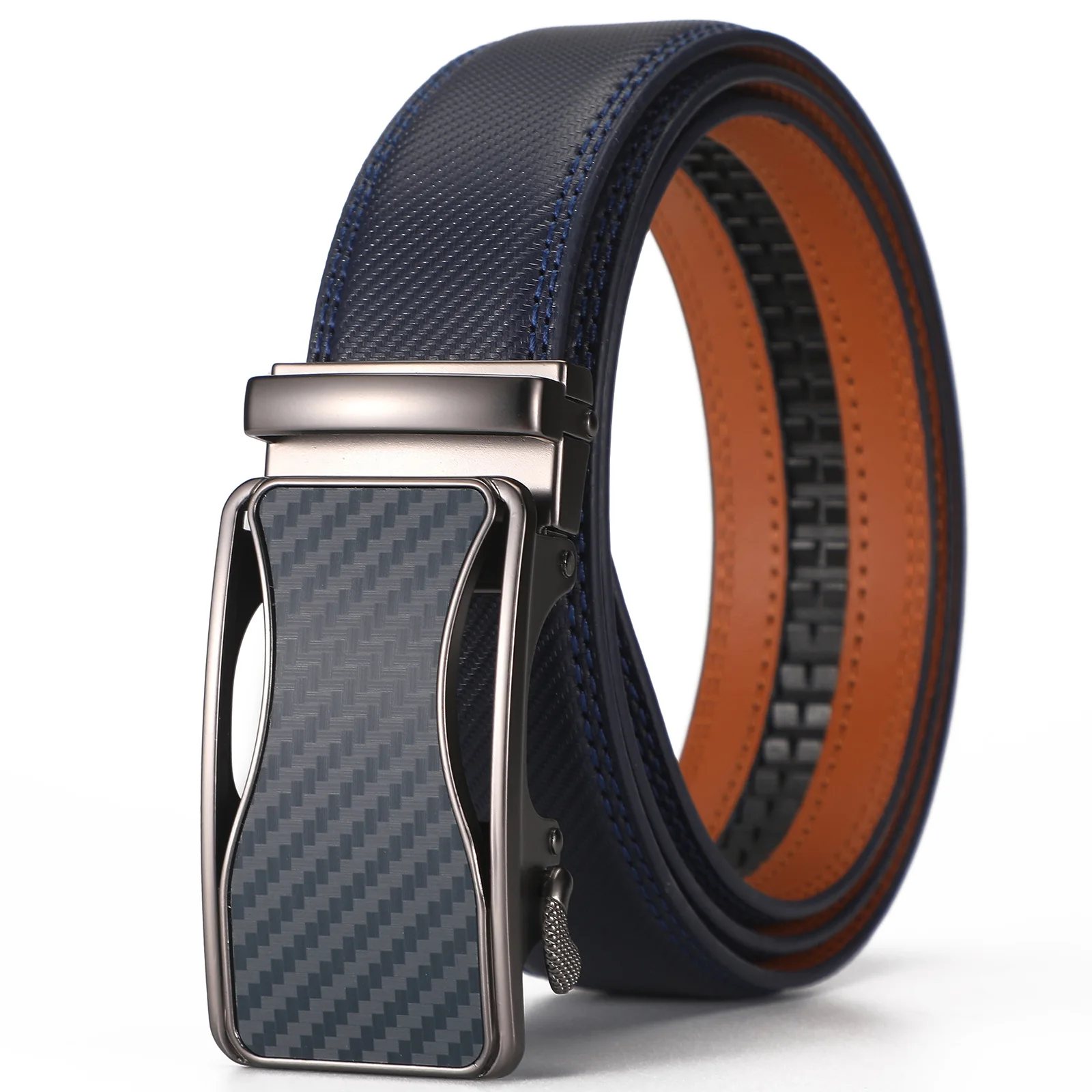 Herren-Gürtel mit automatischer Schnalle, hochwertiger Herrengürtel, Business-Luxus-Designer-Taillengürtel für Jeans, 3,5 cm, Schwarz, Blau – Detail 3