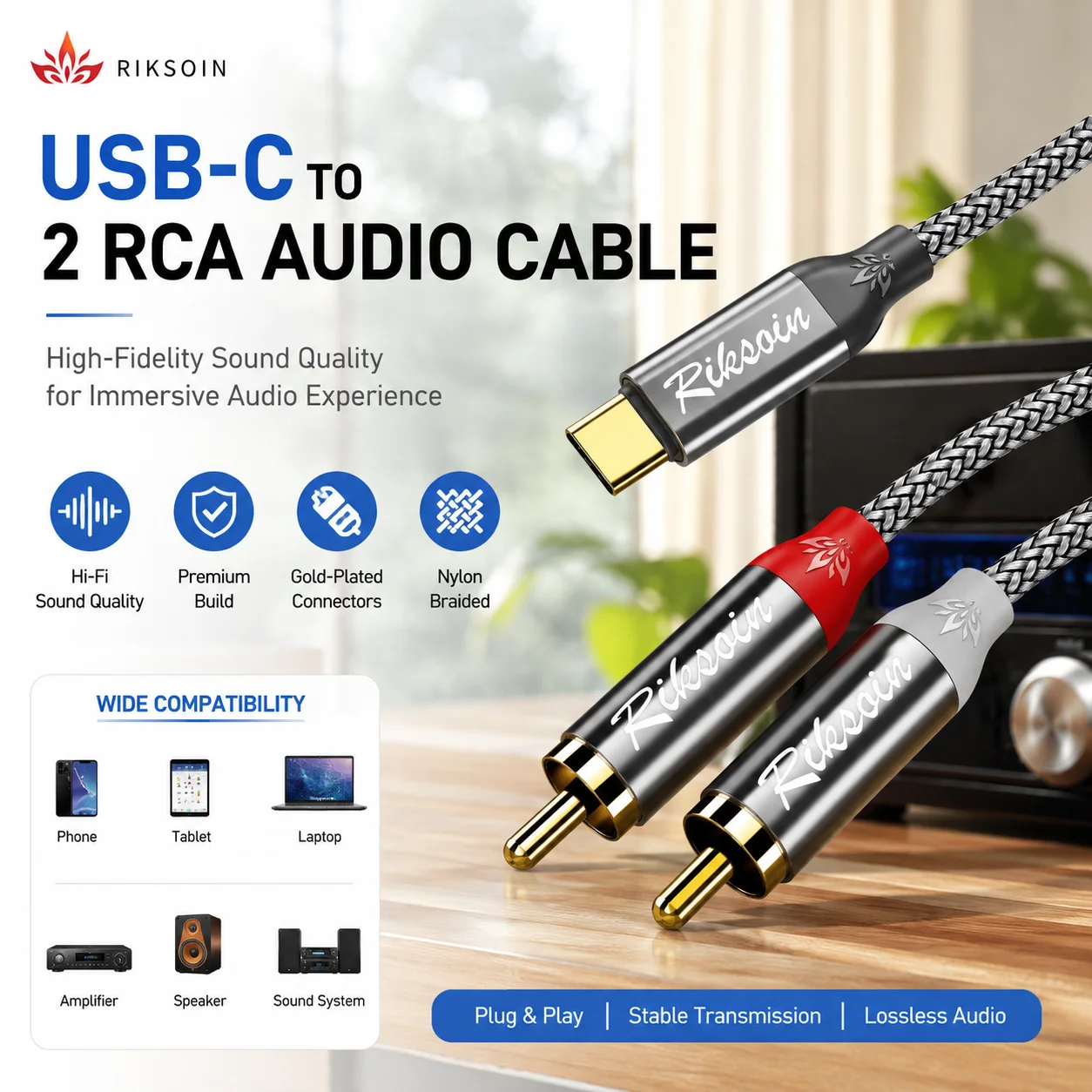 Premium USB C to RCA Audio Cable with DAC for High-Quality Sound Output