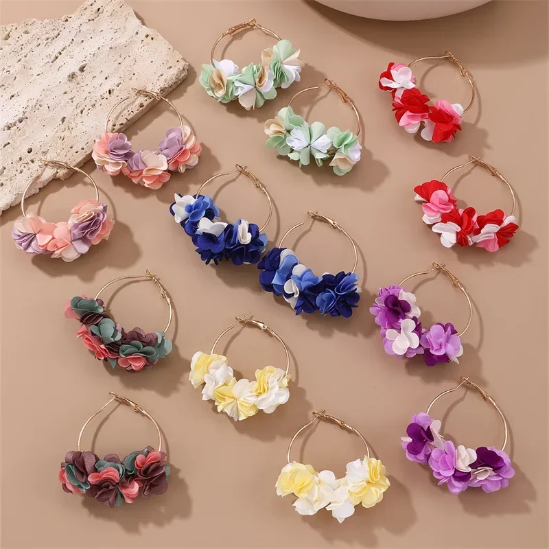Boucles D'Oreilles Créoles Bohème En Tissu Floral Rose - Grand Cercle Pendantes - Pour Mariage Et Soirée - 8