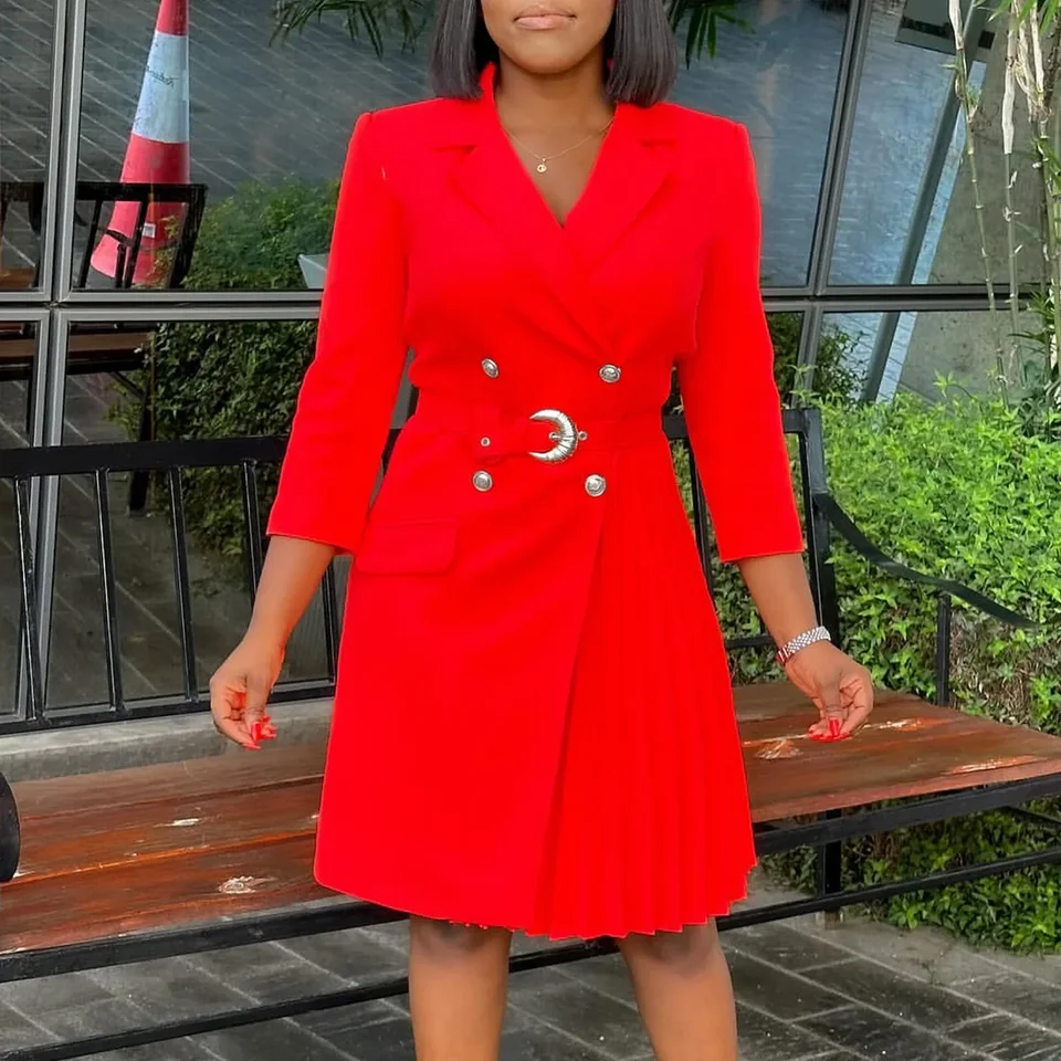 Elegant Blazer Dresses for Women Church Waist Belt Buttons Pleated Long  Sleeves Classy Modest Female Office Ladies Business New - AliExpress  200000345