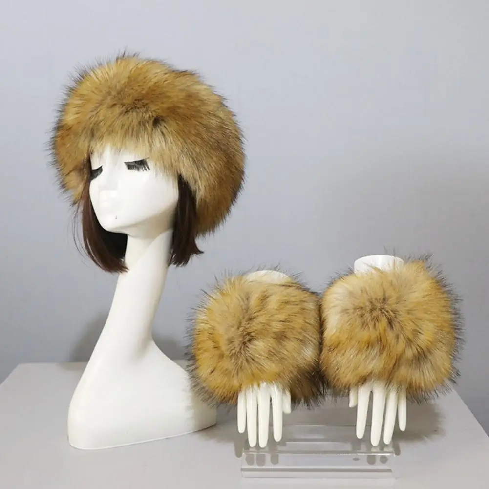 Women Headband Gloves Solid Color Faux Fur Furry Empty Top Hat Wrist Sleeves 1 Set For Outdoor