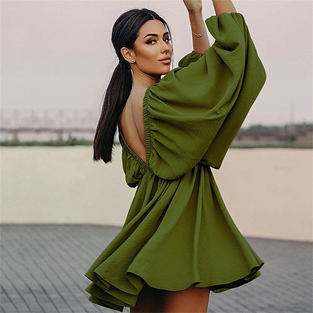 

2023 Summer Green Women's Short Skirt Beach Dress Lantern Sleeves V-Neck Sexy Elegant French Dress Casual Vestido Female