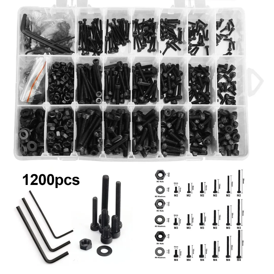 

1200pcs Socket Cap Head Screw Nut Assortment Kit M2 M3 M4 Allen Head Bolt And Nut With Washer Hex Key With Storage Box