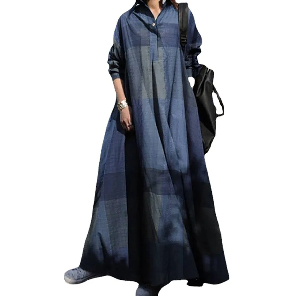 Fashion Cotton Linen Women's Dress Arab Islam Vintage National Style Clothes Muslim Abaya Printed Long-Sleeved Big Swing Dress