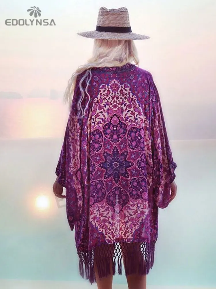s Beach Cover up Floral Romantic Swimwear Ladies Pareo Beach Cape Purple Tassel Dress Chiffon Swimwear #Q149