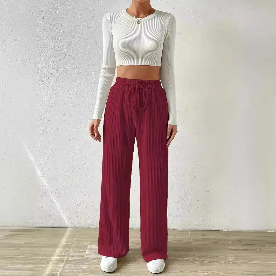 New Knit Waist Texture Wide Leg Pants Elastic High Waist Solid Color Casual Loose Straight Leg Women's Wear